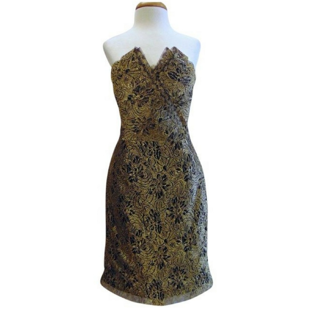 Monique Lhuillier gold lace cocktail formal dress